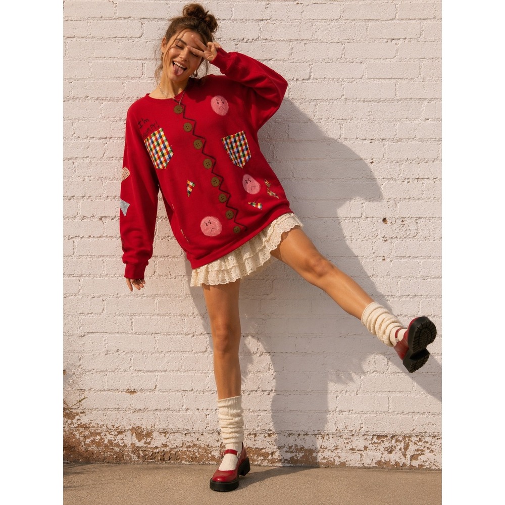Vintage Red Cotton Blend Sweatshirt Hand Painted Grumpy Patchwork Oversized XL